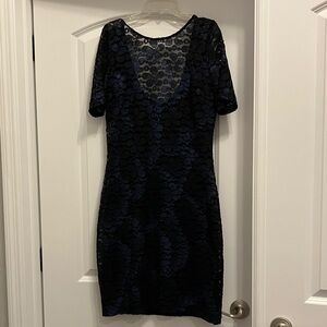 Badgley Mischka Black and Blue Stretchy Lace Mini Dress